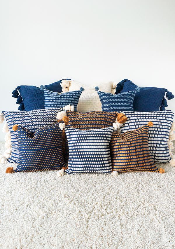 Handwoven Navy and Copper Point Pillow with Tassels Lula Mena