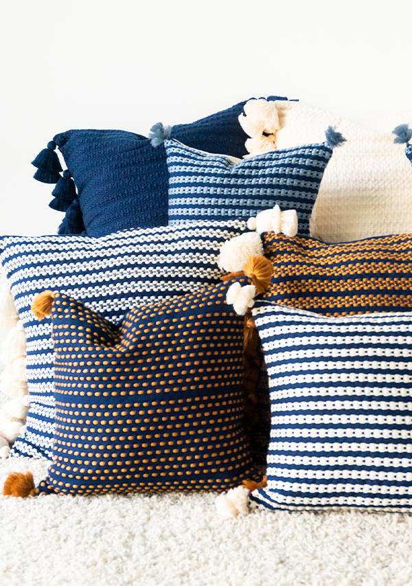 Handwoven Navy and Copper Point Pillow with Tassels Lula Mena