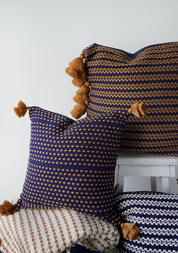 Handwoven Navy and Copper Point Pillow with Tassels Lula Mena