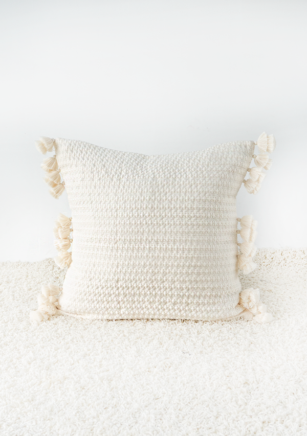 Handwoven White Point Pillow with Tassels Lula Mena