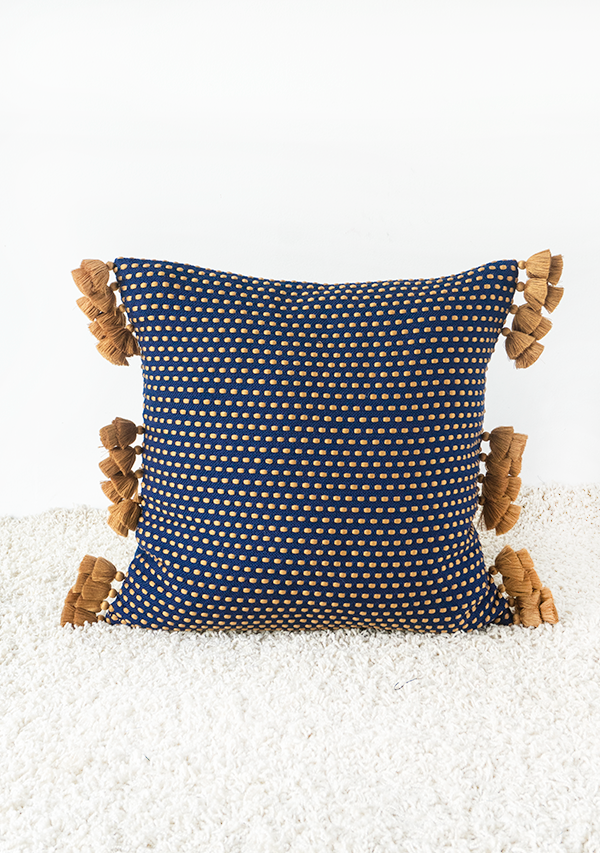 Handwoven Navy and Copper Point Pillow with Tassels Lula Mena