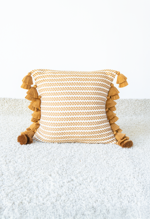 Handwoven White and Copper Flower Chain Pillow with Tassels Lula Mena