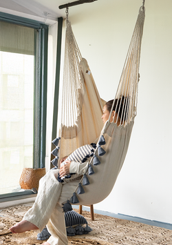 Handwoven Cotton Hammock Chair with Deep Blue-Gray Tassels – Lula Mena