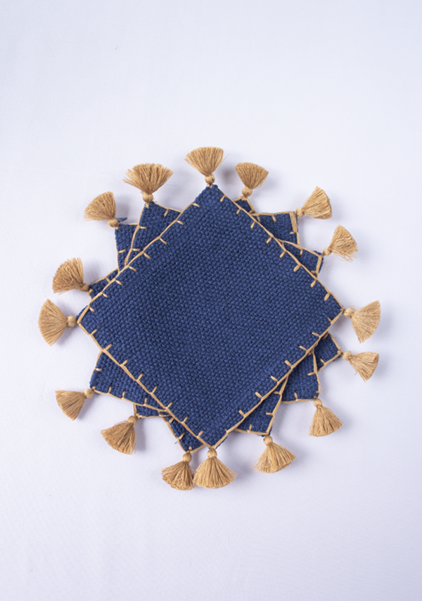 Handwoven Deep Blue & Copper Tassels Coasters (Set of 4) Lula Mena