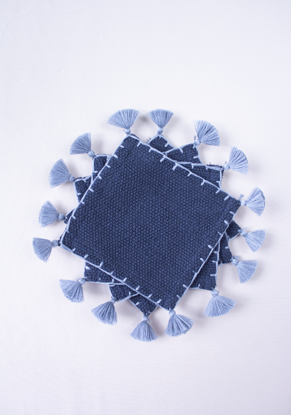 Handwoven Deep Blue & Grey Tassels Coasters (Set of 4) Lula Mena