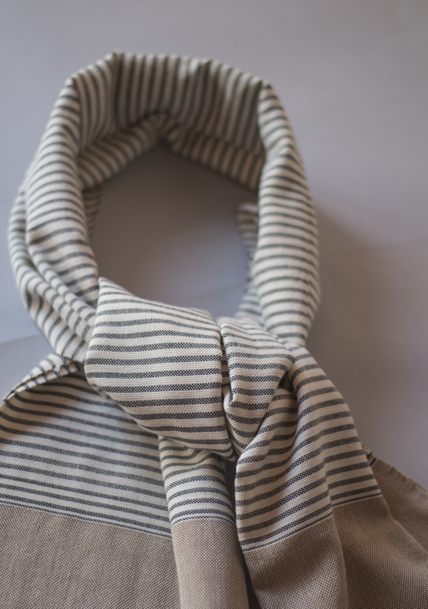 Light Brown Handwoven Scarf With Grey Bold Stripes Lula Mena